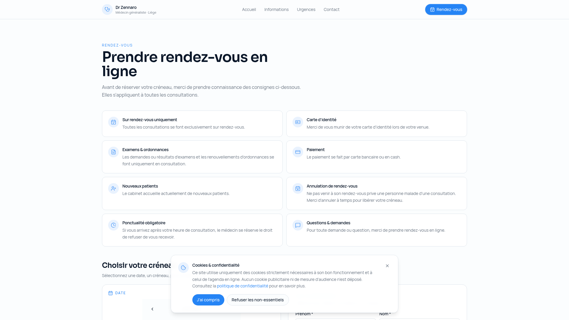 Interface de prise de rendez-vous en ligne du Cabinet Dr Zennaro à Liège