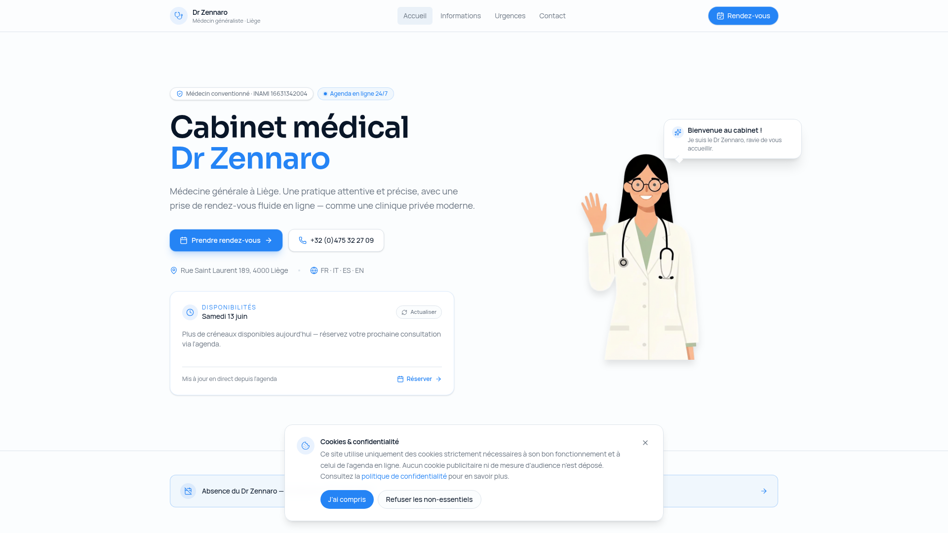 Page d'accueil du site Cabinet Dr Zennaro avec disponibilités de l'agenda en temps réel