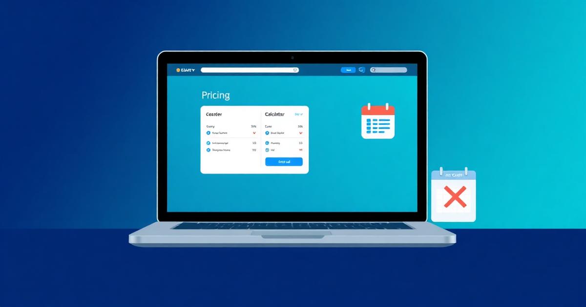 Illustration d'un écran de site web avec un calculateur de prix et un calendrier barré symbolisant l'absence de contrat