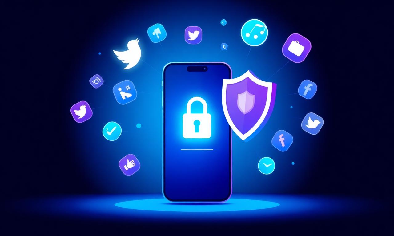 Smartphone avec icône cadenas et bouclier de protection entouré d'icônes de réseaux sociaux symbolisant la protection de la vie privée