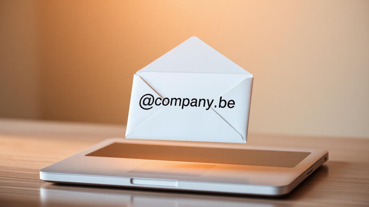 Enveloppe professionnelle avec adresse email @company.be flottant au-dessus d'un ordinateur portable symbolisant la crédibilité
