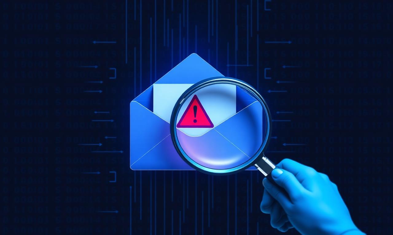 Loupe inspectant un email suspect avec triangle d'alerte rouge symbolisant la détection d'un phishing