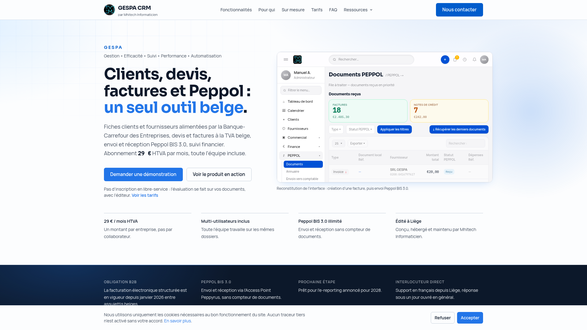 Page d'accueil de gespacrm.be — CRM et facturation Peppol belge