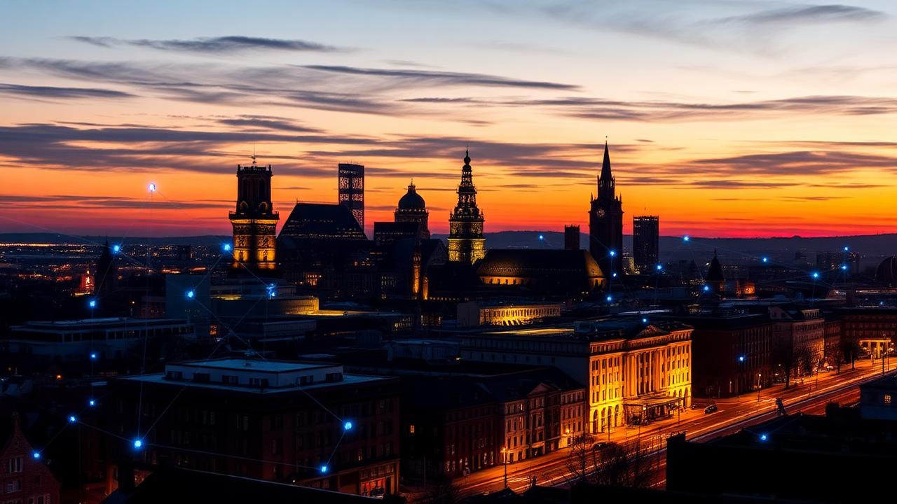 Skyline de Liège au coucher du soleil avec réseau digital symbolisant l'infogérance IT pour PME wallonnes