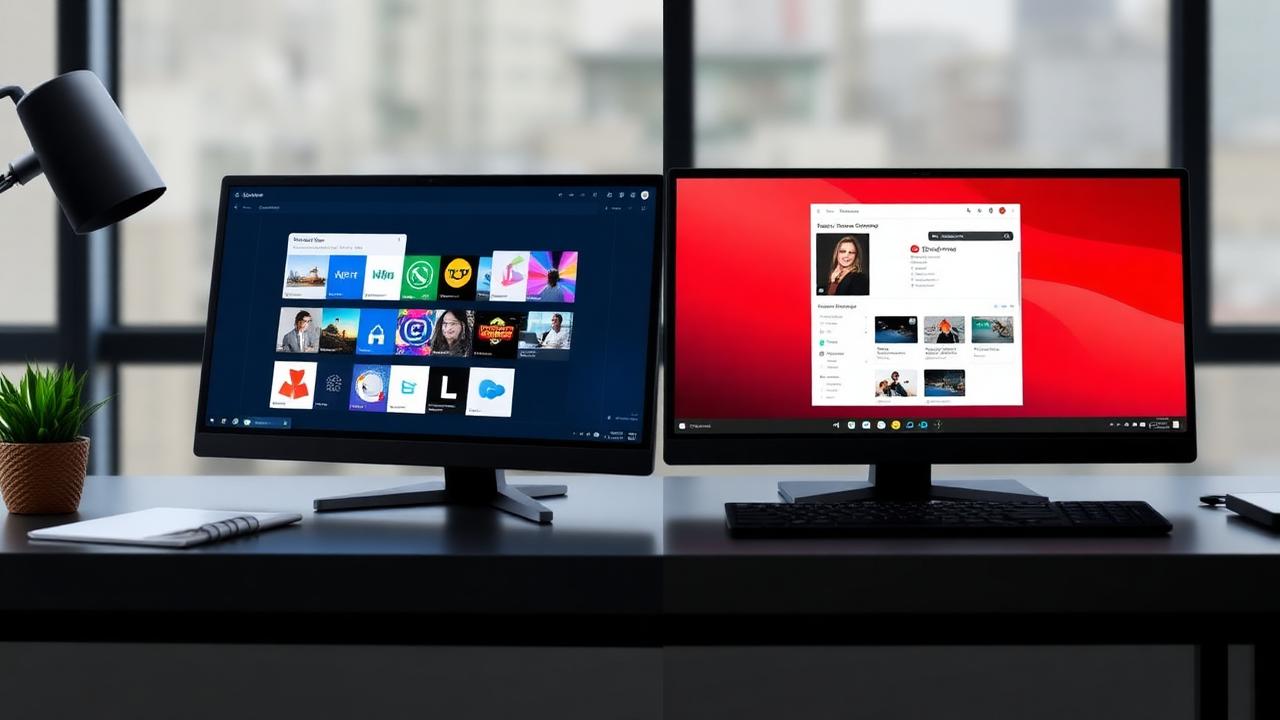 Comparaison côte à côte de Microsoft 365 et Google Workspace sur deux écrans dans un bureau professionnel