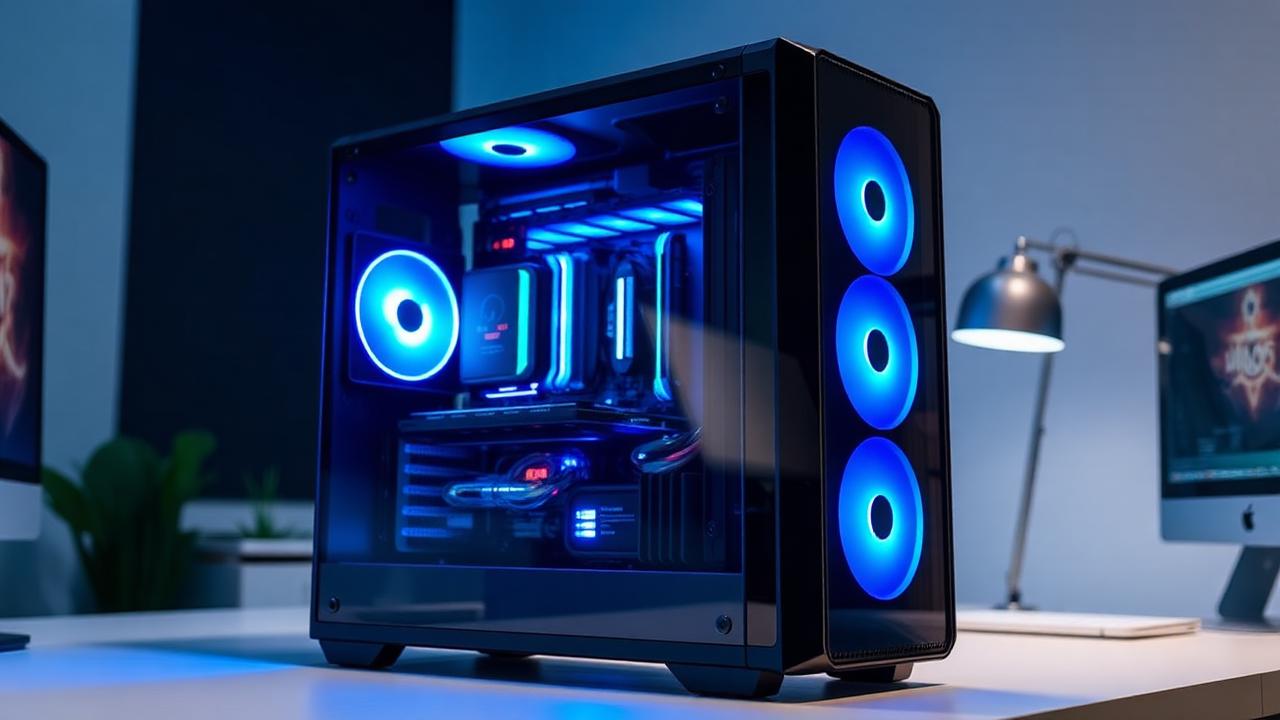 PC professionnel sur mesure avec composants premium et éclairage RGB bleu sur un bureau d'entreprise moderne