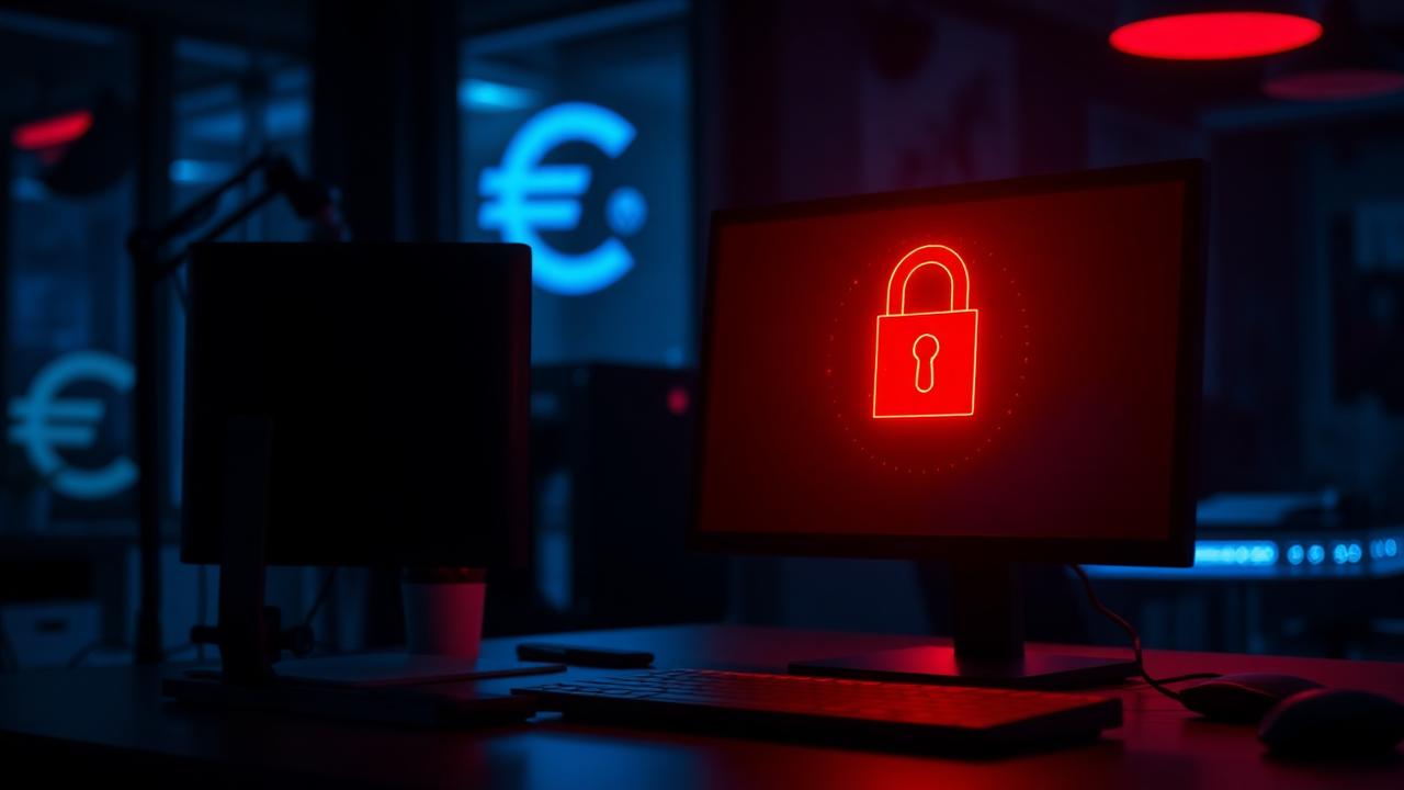 Bureau de PME belge attaqué par un ransomware avec icône de cadenas rouge sur écran et symboles euros en arrière-plan