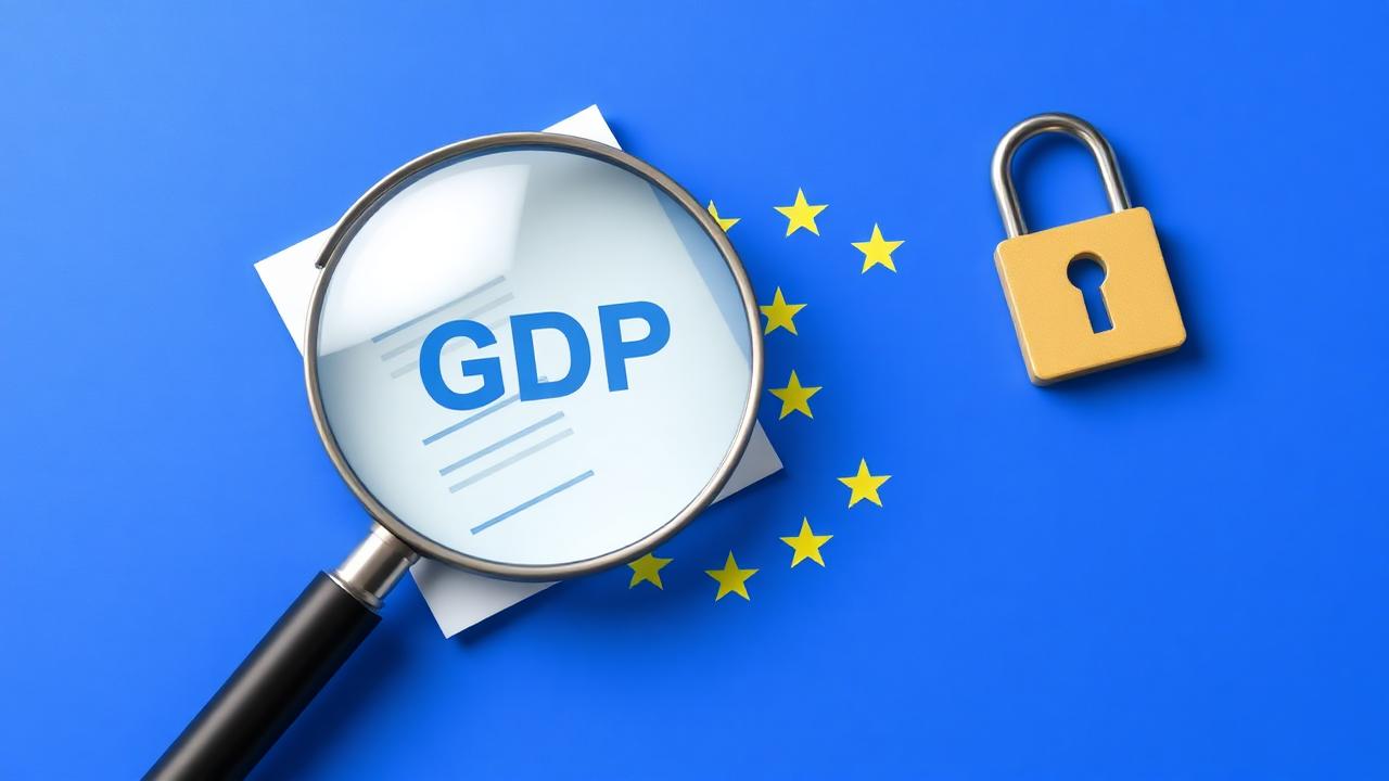 Loupe analysant un document RGPD avec drapeau européen et cadenas symbolisant la conformité données pour PME belges