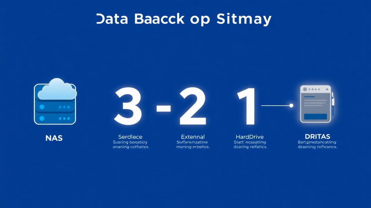Schéma infographique de la stratégie de sauvegarde 3-2-1 avec NAS, cloud et disque externe pour PME belges