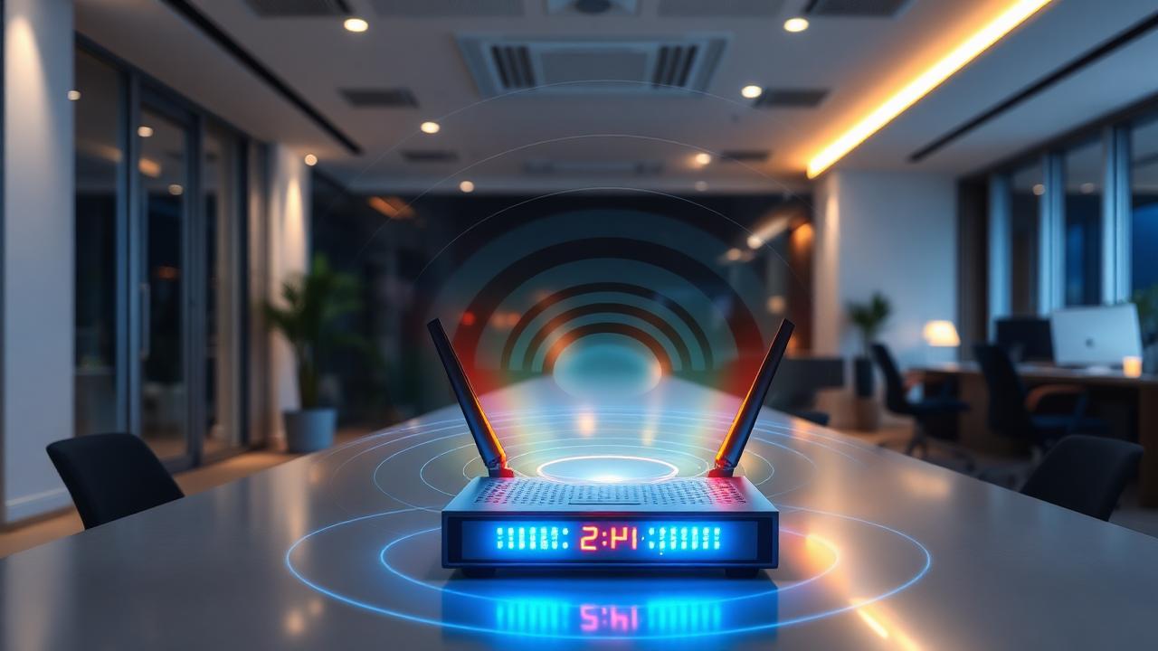Routeur Wi-Fi professionnel diffusant un signal coloré dans un bureau moderne avec visualisation de la couverture réseau