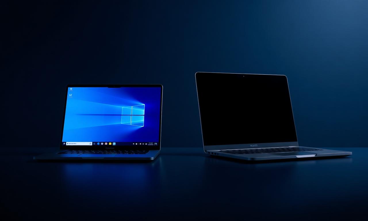 Comparaison entre un PC portable Windows et un MacBook Apple posés côte à côte sur fond sombre futuriste